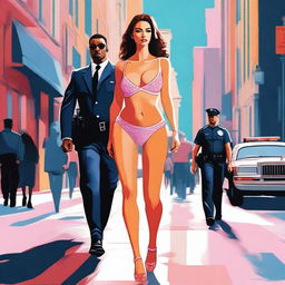 A high-quality digital art piece capturing a scene of a woman in stylish lingerie walking down a city street