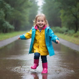 A joyful child playing in a heartwarming downpour of rain, jumping in puddles and wearing a brightly colored raincoat and boots, surrounded by glistening wet scenery.