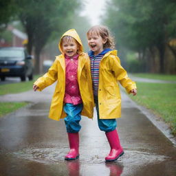 A joyful child playing in a heartwarming downpour of rain, jumping in puddles and wearing a brightly colored raincoat and boots, surrounded by glistening wet scenery.