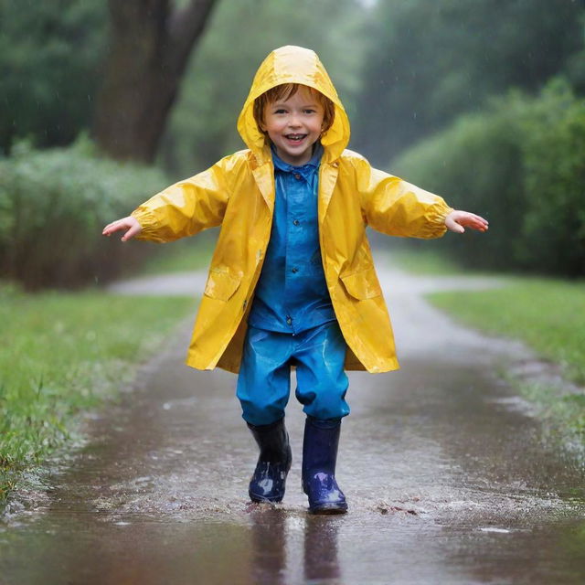 A joyful child playing in a heartwarming downpour of rain, jumping in puddles and wearing a brightly colored raincoat and boots, surrounded by glistening wet scenery.