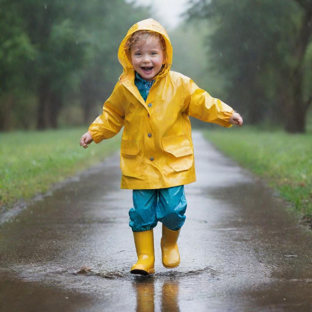 A joyful child playing in a heartwarming downpour of rain, jumping in puddles and wearing a brightly colored raincoat and boots, surrounded by glistening wet scenery.