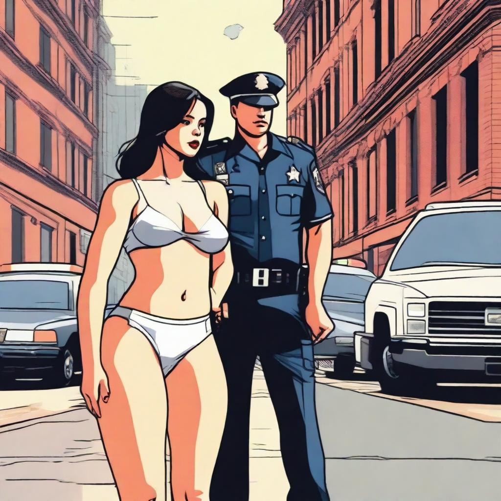 A high-quality digital art piece portraying a woman in underwear standing confidently on a city street