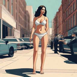 A high-quality digital art piece portraying a woman in underwear standing confidently on a city street