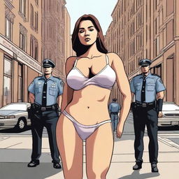 A high-quality digital art piece portraying a woman in underwear standing confidently on a city street