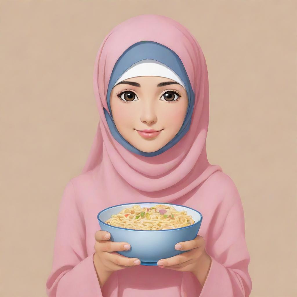 Design of a logo depicting an innocent, cute, anime-style Muslim girl wearing a headscarf, holding a bowl of noodles in one hand.