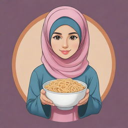 Design of a logo depicting an innocent, cute, anime-style Muslim girl wearing a headscarf, holding a bowl of noodles in one hand.