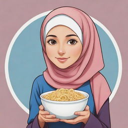 Design of a logo depicting an innocent, cute, anime-style Muslim girl wearing a headscarf, holding a bowl of noodles in one hand.