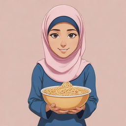 Design of a logo depicting an innocent, cute, anime-style Muslim girl wearing a headscarf, holding a bowl of noodles in one hand.