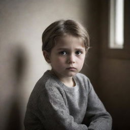 A poignant image of a young child showing signs of sadness. They are sitting alone, with downcast eyes and a poignant expression, in a subdued, empathetically lit environment.