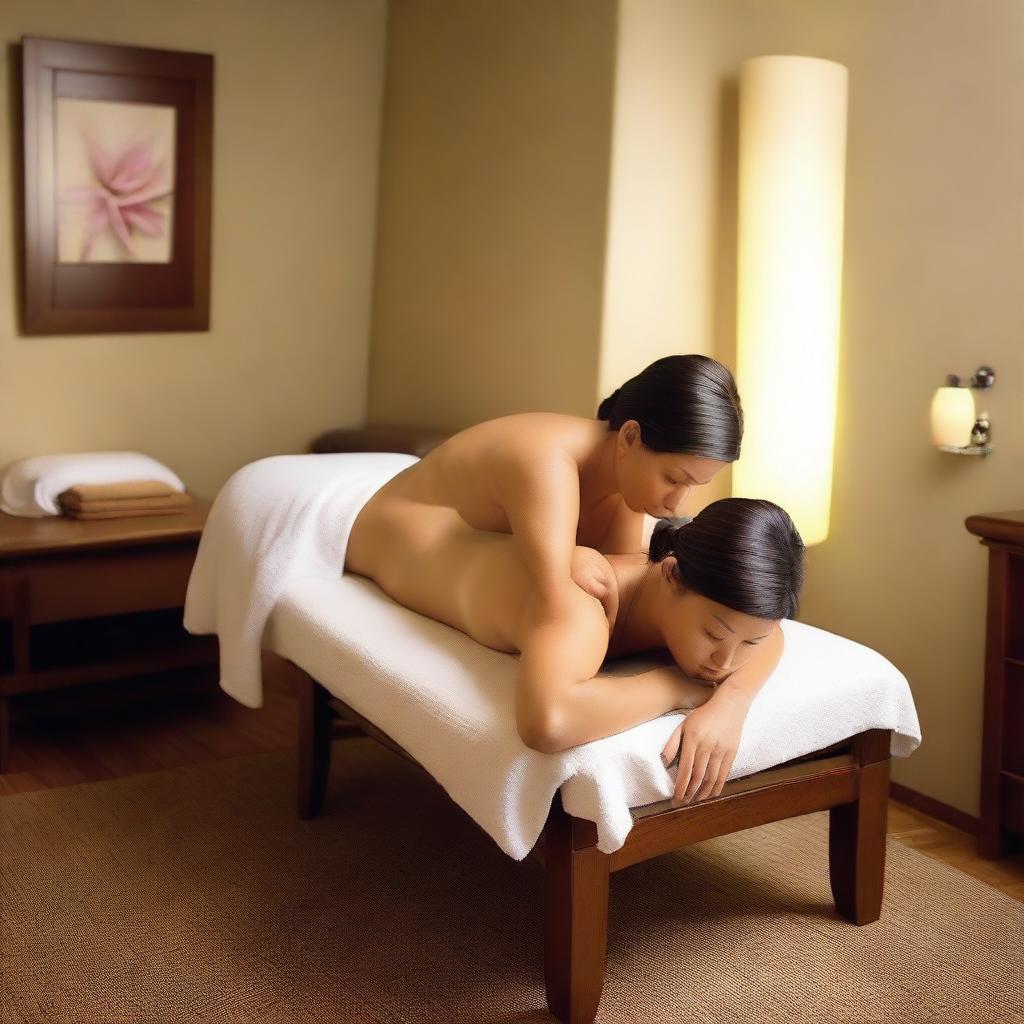 A professional photograph captures a serene scene inside a massage room