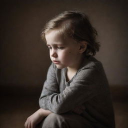 A poignant image of a young child showing signs of sadness. They are sitting alone, with downcast eyes and a poignant expression, in a subdued, empathetically lit environment.