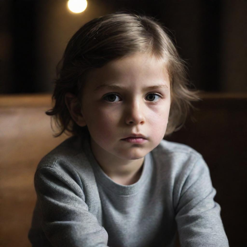 A poignant image of a young child showing signs of sadness. They are sitting alone, with downcast eyes and a poignant expression, in a subdued, empathetically lit environment.