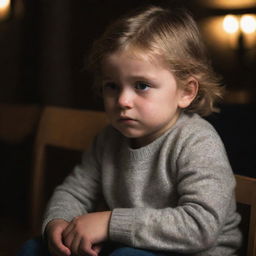 A poignant image of a young child showing signs of sadness. They are sitting alone, with downcast eyes and a poignant expression, in a subdued, empathetically lit environment.