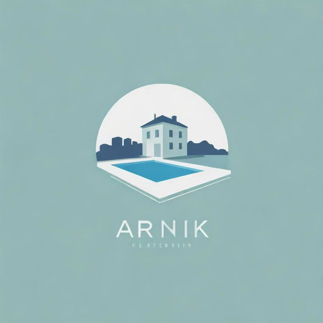 Generate a simplistic logo involving a pool and multiple buildings, with the inscription 'Arnik'. Apply minimalist designs and lines for an elegant feel.