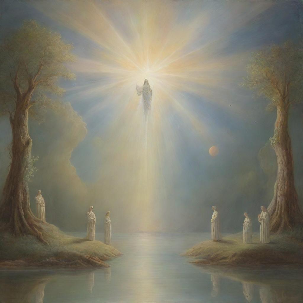 A surreal depiction of a miracle with ethereal light and celestial figures in a serene environment.