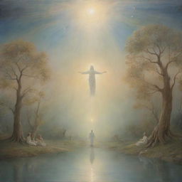 A surreal depiction of a miracle with ethereal light and celestial figures in a serene environment.