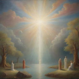 A surreal depiction of a miracle with ethereal light and celestial figures in a serene environment.