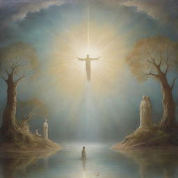 A surreal depiction of a miracle with ethereal light and celestial figures in a serene environment.