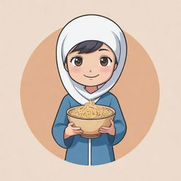 Logo design of a cute, innocent anime-style Muslim character, holding a bowl of noodles in one hand.