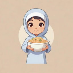 Logo design of a cute, innocent anime-style Muslim character, holding a bowl of noodles in one hand.