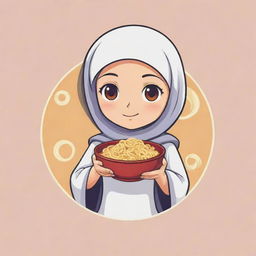 Logo design of a cute, innocent anime-style Muslim character, holding a bowl of noodles in one hand.