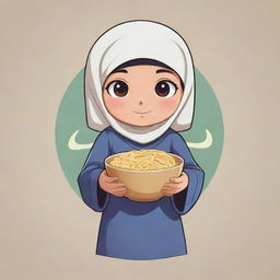 Logo design of a cute, innocent anime-style Muslim character, holding a bowl of noodles in one hand.