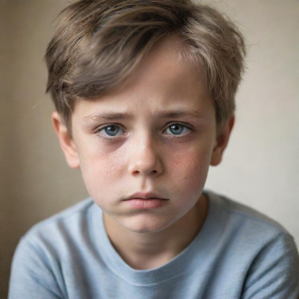 A tender image of a young boy expressing sadness, with eyes glistening with unshed tears, a frown on his face, and downcast body language, surrounded by a soft, muted setting.