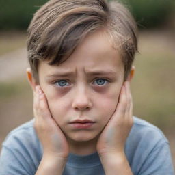 A tender image of a young boy expressing sadness, with eyes glistening with unshed tears, a frown on his face, and downcast body language, surrounded by a soft, muted setting.