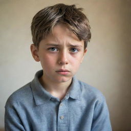 A tender image of a young boy expressing sadness, with eyes glistening with unshed tears, a frown on his face, and downcast body language, surrounded by a soft, muted setting.