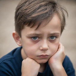 A tender image of a young boy expressing sadness, with eyes glistening with unshed tears, a frown on his face, and downcast body language, surrounded by a soft, muted setting.