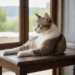 A graceful feline lounging on an antique wooden table, contentedly looking out a nearby sunlit window.