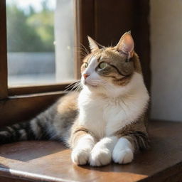 A graceful feline lounging on an antique wooden table, contentedly looking out a nearby sunlit window.