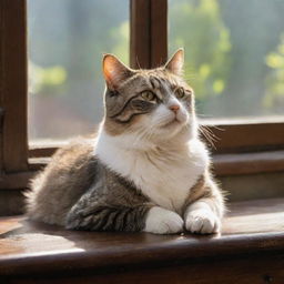 A graceful feline lounging on an antique wooden table, contentedly looking out a nearby sunlit window.