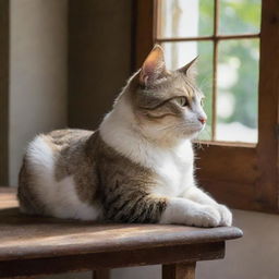 A graceful feline lounging on an antique wooden table, contentedly looking out a nearby sunlit window.