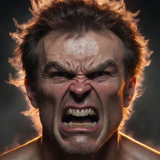 A concept art of an intense, enraged facial expression, brows furrowed, eyes blazing with fury, and a clenched jaw, all demonstrating a strong display of anger.