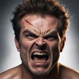 A concept art of an intense, enraged facial expression, brows furrowed, eyes blazing with fury, and a clenched jaw, all demonstrating a strong display of anger.