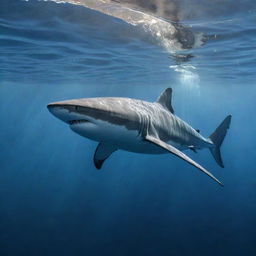 A detailed portray of a magnificent shark, slithering beneath the ocean's surface, its dorsal fin piercing the water while sunlight filters through the water.