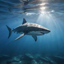 A detailed portray of a magnificent shark, slithering beneath the ocean's surface, its dorsal fin piercing the water while sunlight filters through the water.