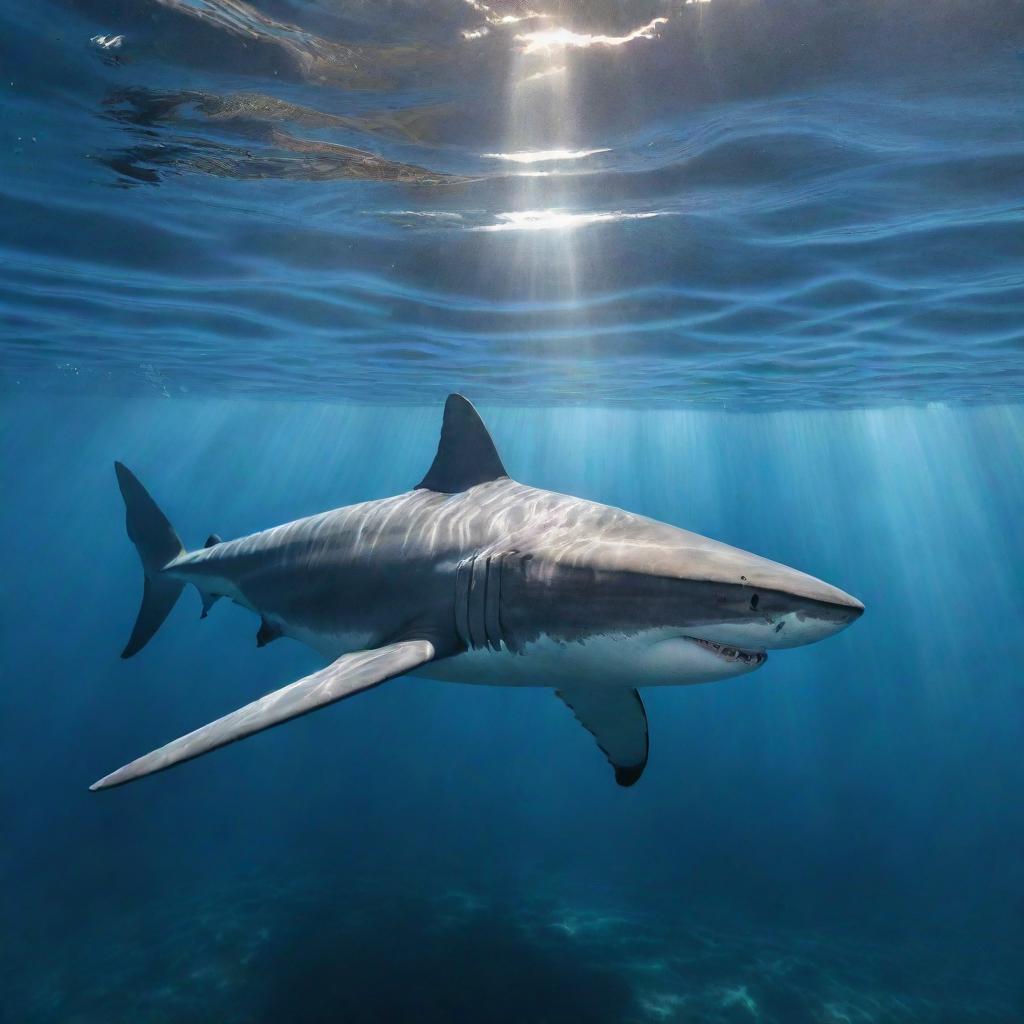 A detailed portray of a magnificent shark, slithering beneath the ocean's surface, its dorsal fin piercing the water while sunlight filters through the water.