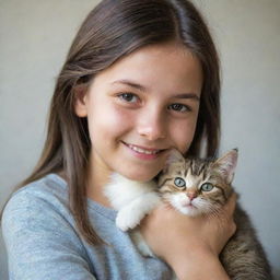 A young girl holding a pet cat lovingly in her arms with a gentle smile on her face