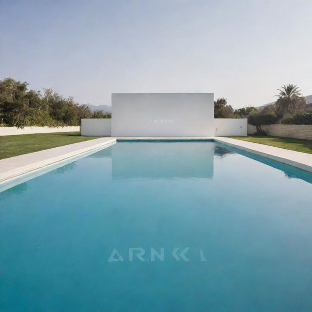 Design a minimalistic logo using the name 'ARNIK', situated with a transparent pool in the background, employing sleek lines and transparent aesthetics.