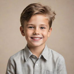 A portrait of a handsome young boy with striking features, well-styled hair, and a charming smile that exudes confidence, set against a neutral background.