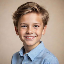 A portrait of a handsome young boy with striking features, well-styled hair, and a charming smile that exudes confidence, set against a neutral background.