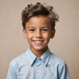 A portrait of a handsome young boy with striking features, well-styled hair, and a charming smile that exudes confidence, set against a neutral background.