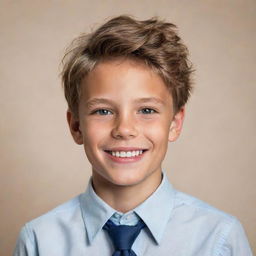 A portrait of a handsome young boy with striking features, well-styled hair, and a charming smile that exudes confidence, set against a neutral background.