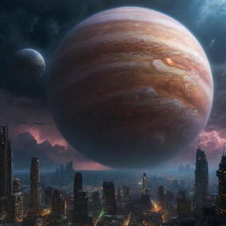 Jupiter as a cyberpunk planet, with extraterrestrial cities ascending through the clouds with neon luminescence, mechanic and organic forms intermingling, set against the the giant, swirling storms of the gas giant.