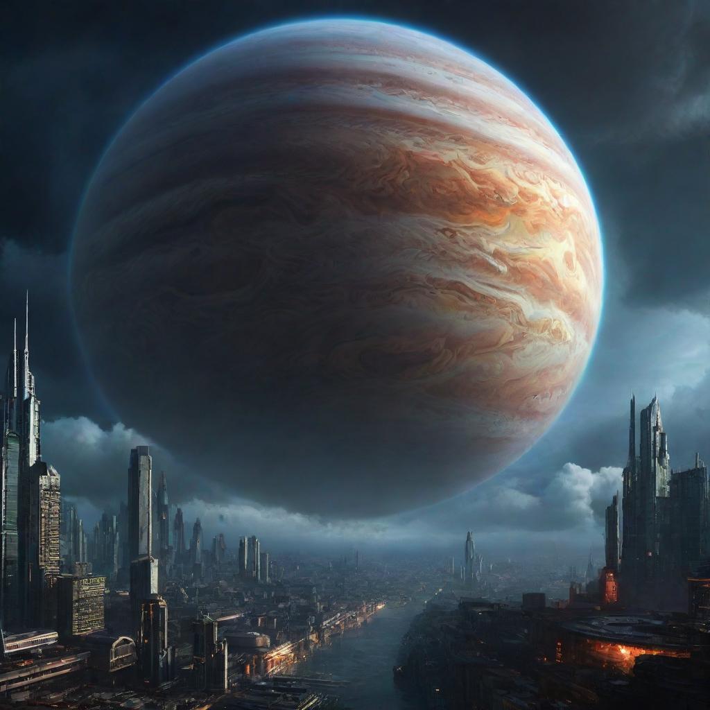 Jupiter as a cyberpunk planet, with extraterrestrial cities ascending through the clouds with neon luminescence, mechanic and organic forms intermingling, set against the the giant, swirling storms of the gas giant.