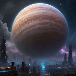 Jupiter as a cyberpunk planet, with extraterrestrial cities ascending through the clouds with neon luminescence, mechanic and organic forms intermingling, set against the the giant, swirling storms of the gas giant.