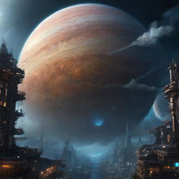 Jupiter as a cyberpunk planet, with extraterrestrial cities ascending through the clouds with neon luminescence, mechanic and organic forms intermingling, set against the the giant, swirling storms of the gas giant.