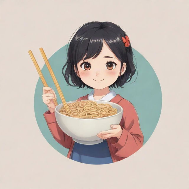 Anime-inspired logo of a cute, innocent character, holding a bowl of noodles in one hand and chopsticks in the other.